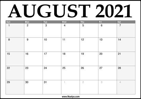 Free August 2021 Printable Calendar